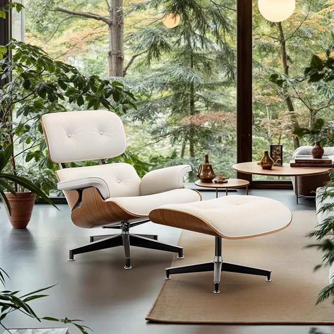 Top White PU Leather, Mid Century Chaise Lounge Chair and Ottoman, Modern Chair Classic Design, Walnut Wood, Heavy Duty Base Support for Living Room Office