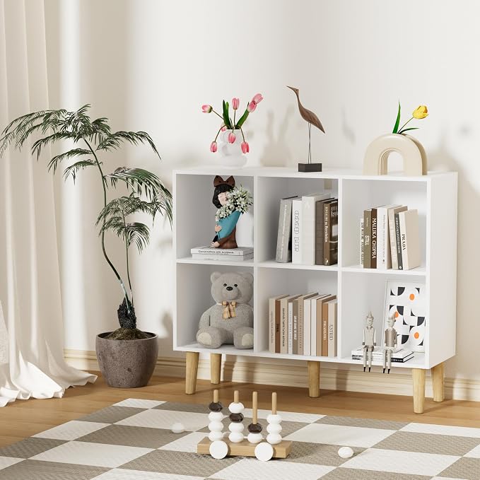6 Cube Bookcase, Wooden Book Shelf Cube Storage Organizer with Legs, 2 Tier Bookshelf Freestanding Open Shelves for Home Office, Living Room, Bed Room (White, 6 Cube Horizontal)