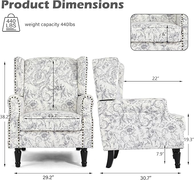 High Back Floral Accent Chairs Set of 2, Fabric Wingback Chair Upholstered Armchair for Living Room - Rococo Light Gray