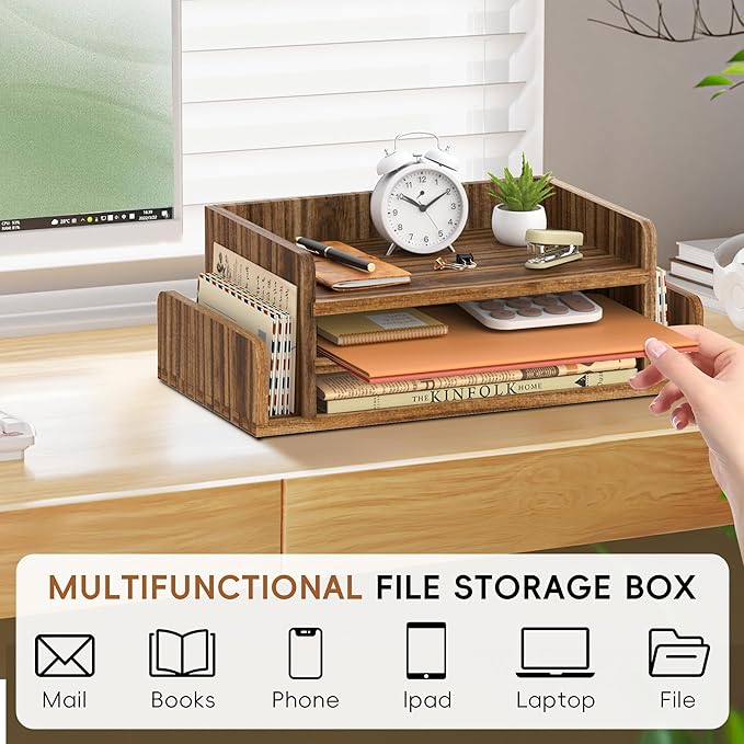 SUPEASY Wooden Desk Organizer, 3-Tier Letter Tray File Organizer with Dual Side Mail Sorter, Solid Wood Desktop Paper Organizer for Office, Home Office, Classroom（Dark Brown）
