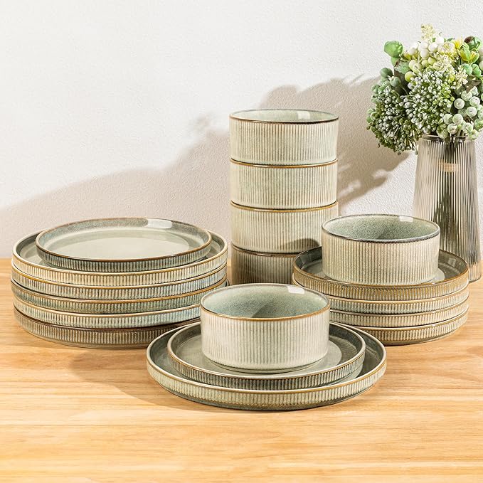 GBHOME 24-Piece Stoneware Dinnerware Set for 8 – Ribbed Ceramic Plates and Bowls, Scratch-Resistant, Microwave & Dishwasher Safe, Reactive Glaze, Desert Sage