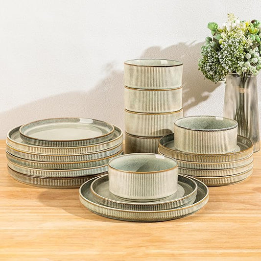 GBHOME 24-Piece Stoneware Dinnerware Set for 8 – Ribbed Ceramic Plates and Bowls, Scratch-Resistant, Microwave & Dishwasher Safe, Reactive Glaze, Desert Sage