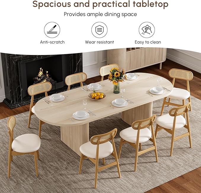 homary Oval Extendable Dining Table 79"–94", Japandi Wooden Dining Table for 6–10, Solid Wood Kitchen & Dining Room Table with Double Pedestal Base (Table Only)