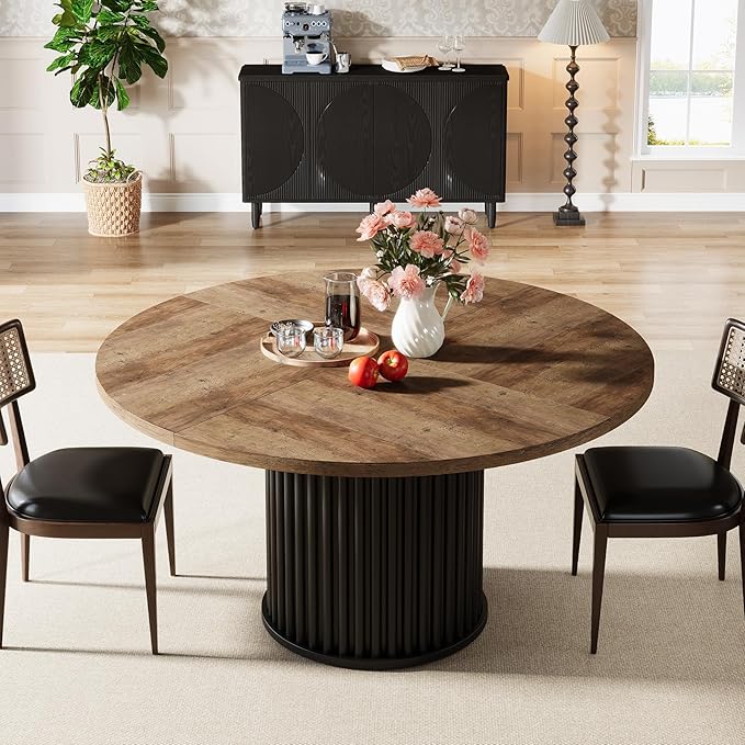 Tribesigns 47.24-Inch Black Round Dining Table for 4-6 People, Modern Fluted MDF + Metal Base Kitchen Table, Sturdy Circle Dining Room Furniture, Brown + Black
