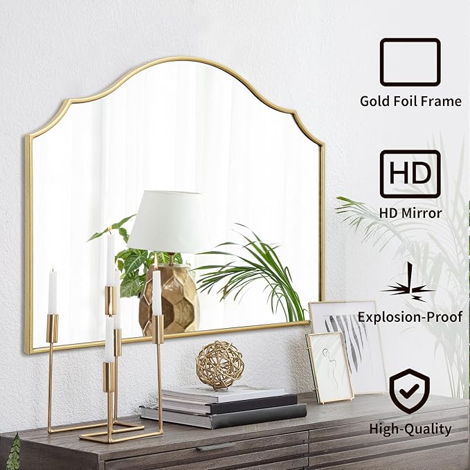 Besdomus Gold Scalloped Mirror for Dresser: 35"x26" Modern Wooden Mantel Mirror - Minimalist Decorative Wall for Vanity/Bedroom/Fireplace/Entryway - Ideal for 20-44 Age Fashion Women