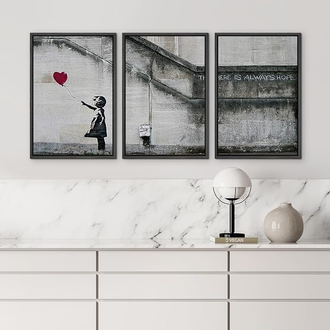 wall26 - 3 Piece Framed Canvas Wall Art - There is Always Hope - Girl and Red Heart Balloon - Street Art - Guerilla - Modern Home Art Stretched and Framed Ready to Hang - 16"x24"x3 Black