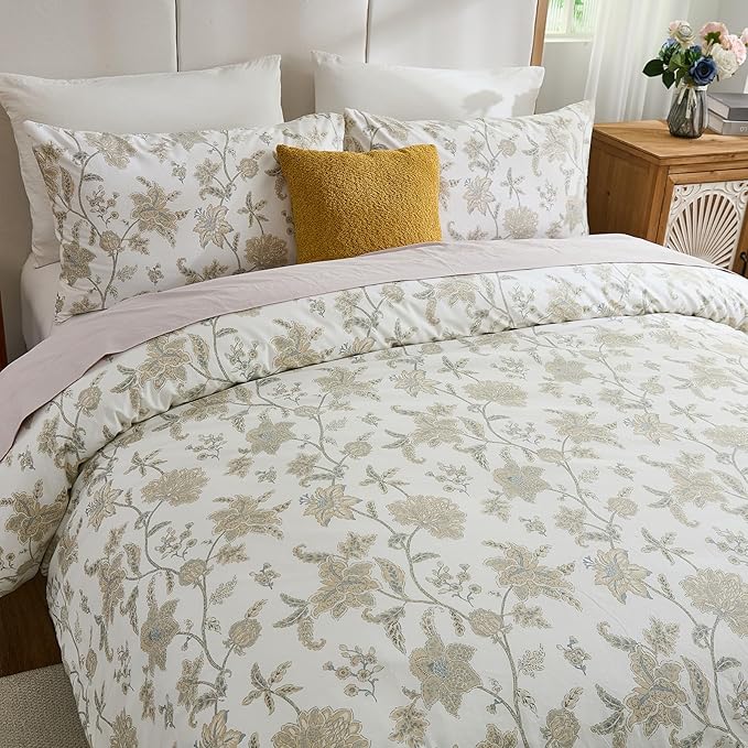 Cozeline 100% Cotton Duvet Cover Queen Size, Yellow Floral Bedding Set with Zipper Closure, 3 Pcs Breathable and Soft Chic Botanical Duvet Cover for All Season