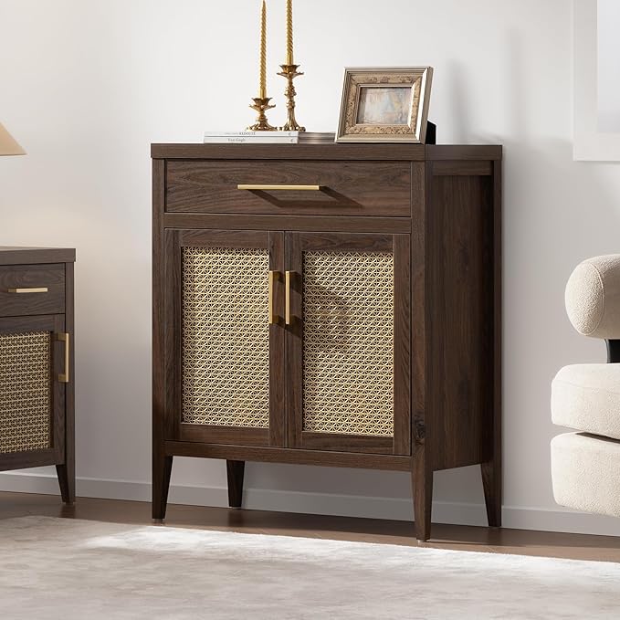 SICOTAS 30" Kitchen Sideboard Buffet Cabinet with Storage, Modern Coffee Bar Cabinet with Adjustable Shelves & Gold Mesh Doors, Storage Cabinet with Drawer for Living Room Dining Room, Espresso Walnut