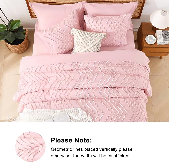 Litanika Pink Queen Size Comforter Set with Sheets - 7 Pieces Bed in a Bag Queen Boho Tufted Complete Bedding Sets with Comforter, Sheets, Pillowcases & Shams