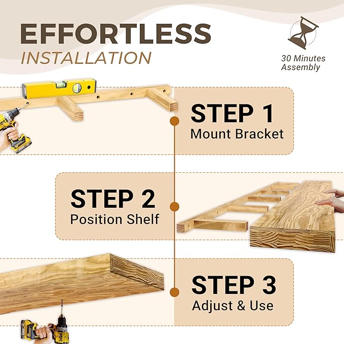 Howizz 72'' Pine Wood Floating Shelf for Wall, Rustic Wall Mounted Wooden Shelf with Invisible Brackets, Fireplace Mantel Shelf for Living Room, Bedroom, Bathroom & Home Decor, Natural Finish, 1 Pcs