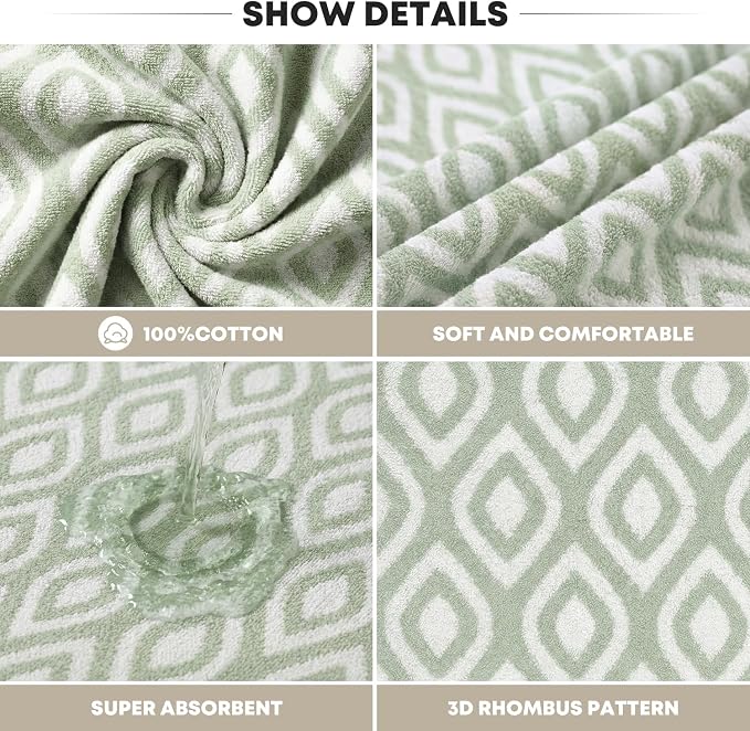 Artoid Mode 2 Pcs Beige Green Diamond Grid Jacquard Hand Towels for Bathroom, 100% Cotton Soft Absorbent Bathroom Decor Towels, 13.7 x 29.5 Inch