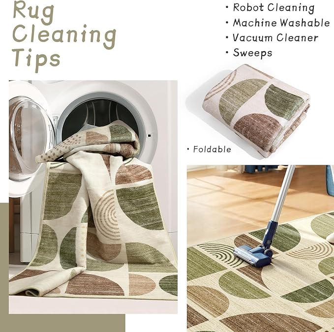 MUJOO 5x7 Area Rugs Washable,Boho Rugs for Living Room Bedroom Play Room,Large Throw Floor Carpet Non Slip Soft Modern Abstract Vintage Green and Brown