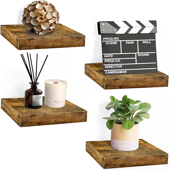 Sorbus 9X9 Inch Floating Shelves for Wall – Square Floating Shelf with Invisible Mounting Bracket for Kitchen, Bedroom, Living Room & Bathroom Decor – Rustic Showcase Wall Shelf (Walnut, 4 Pack)