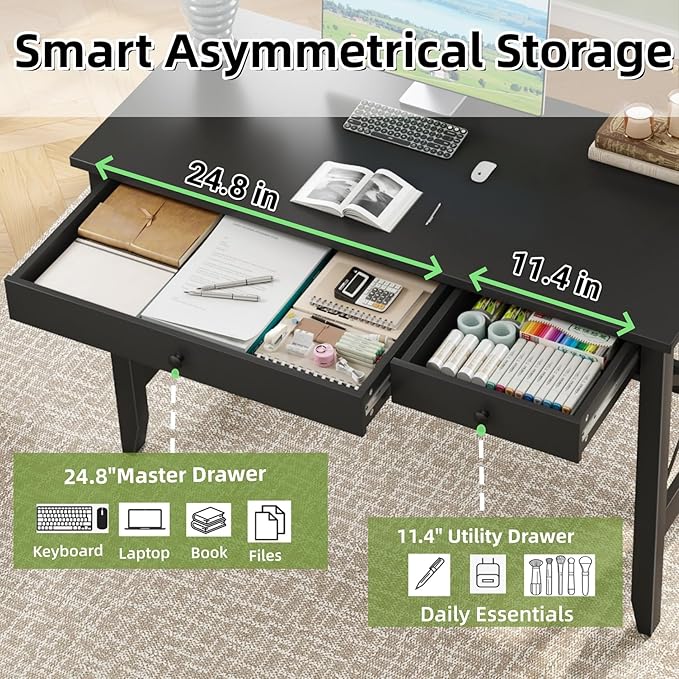 JSB 43.3'' Black Computer Desk for Home Office,Farmhouse Executive Desk with 2 Drawers,Study Writing Table Storage Cabinet,Makeup Vanity Desk for Bedroom (Black, 43.3 inch)