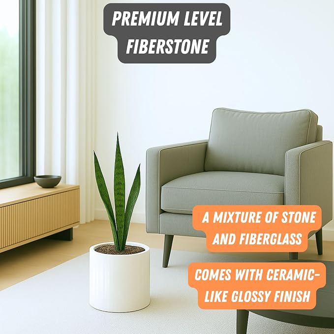 Fox & Fern Large Indoor Planter, Modern Large Plant Pot for Indoor or Outdoor, UV and Frost Resistant - 8 Inch, Fiberstone, Glossy White Flower Pot with Drainage Plug, Lightweight