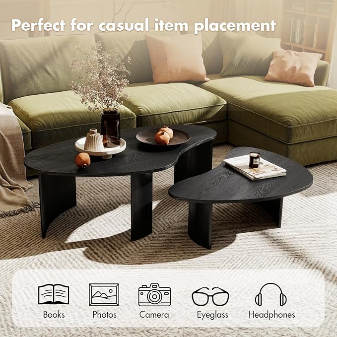 Black Nesting Coffee Table Set of 2 – Cloud/Mango Shaped Wood Grain Veneer Top with Fluted Solid Wood Legs, Space-Saving End Tables for Living Room