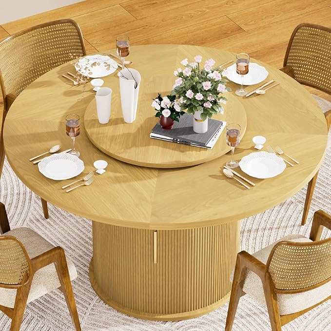KEIKI 55" Round Dining Table for 4-6, Mid Century Modern Kitchen Table with Storage & Rotating Tabletop Tray, Wood Corner Dinner Desk for Living Room Breakfast Nook Restaurant, Easy Assembly, Natural