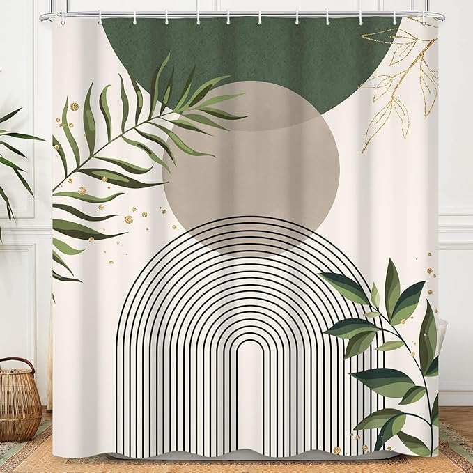 Boho Mid Century Shower Curtain, Green Modern Minimalist Abstract Geometric Gold Plant Leaves Sun Arch Bathroom Curtains Waterproof Fabric Buthtub Curtain Set with Hooks 48" Wx72 L