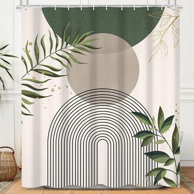 Boho Mid Century Shower Curtain, Green Modern Minimalist Abstract Geometric Gold Plant Leaves Sun Arch Bathroom Curtains Waterproof Fabric Buthtub Curtain Set with Hooks 72" Wx84 L