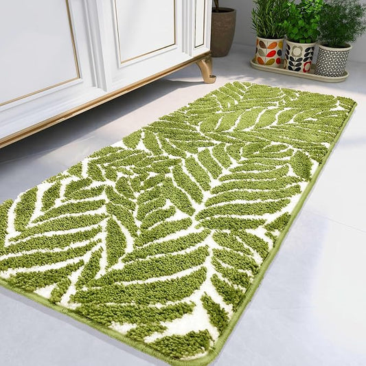 Bathroom Runner Rug- Soft Large Bath Mats, Green Rug for Bedroom, Bedside, Bathroom Runners Non Slip, Long Bathroom Mat Runner, Home Decor Leaves 24" x 60"