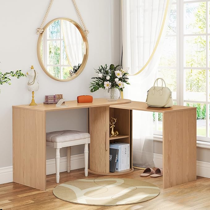 Fluted Computer PC Desk Table with Storage, Boho Corner L Shaped Desk with Storage for Small Space, Modern Home Office Desk for Bedroom, for Writing, Executive, Study, Work - Natural