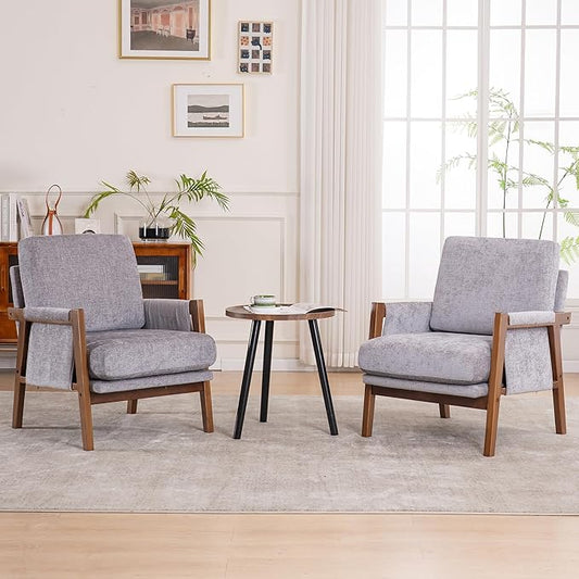 Mid Century Modern Accent Chairs Set of 2 with Solid Wood Frame, Upholstered Living Room Chairs with Wide Armrest, Chenille Fabric Lounge Reading Arm Chair for Bedroom, Reading Room, Gray