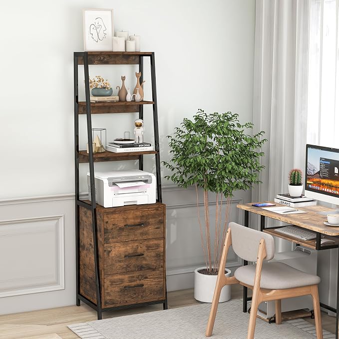 Giantex Ladder Bookshelf with Drawers, 69" Tall Wooden Bookcase with 4 Shelves, Modern Book Shelf Storage Organizer Unit, Freestanding Display Shelving Rack for Living Room, Bedroom (Rustic Brown)