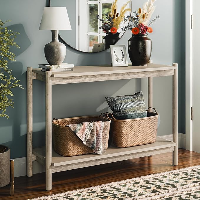Bme Lyra Console Table, Pure Solid Wood with Oak Finish, Entryway and Hallway Living Room Table, 297 lbs Capacity, Adjustable Levelers, Easy Assembly, Large Open Shelf, Ideal for Any Space, Light Grey