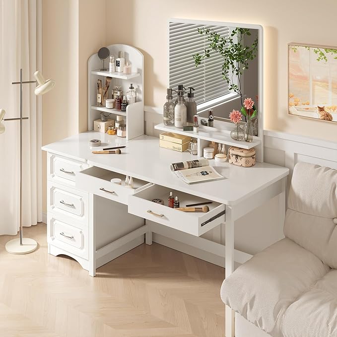 4NM 39.4" Computer Desk with Drawer, Morden White Home Office Desk, Study Writing Table with Storage for Small Spaces,Vanity Desk Makeup Table for Bedroom - White
