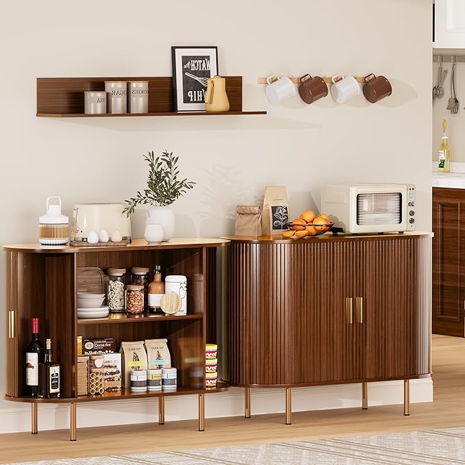DHH Sideboard Buffet Cabinet with Storage,Mid Century Modern Fluted Accent Coffee Bar Console Table,Tambour Sliding Doors& Adjustable Shelf for Kitchen, Living Room, Entryway(Walnut, 40Inch)