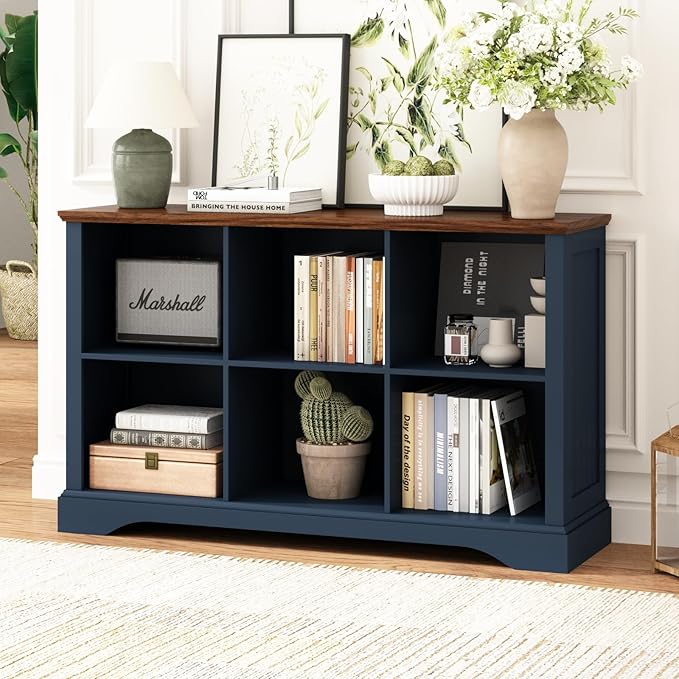 6 Cube Storage Organizer - 47.4" Farmhouse Wood Low Bookshelf, 3 Tier Horizontal Open Shelf Bookcase Cubby Storage Console Cabinet for Living Room, Entryway, Office, Navy Blue
