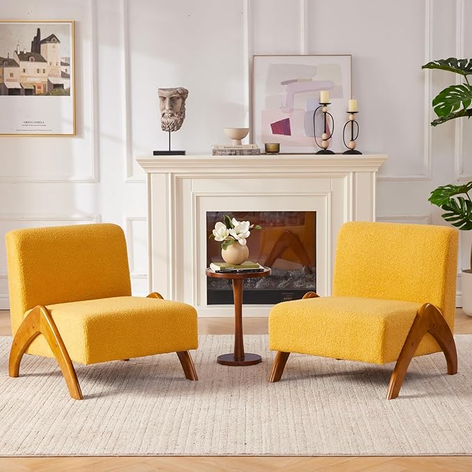 Oversized Accent Chair, upholstered armless mid Century Modern Living Room Chair with Wooden Legs for Bedroom/Office/Cafe, Sherpa Yellow
