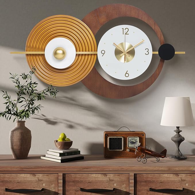 Wall Clock Modern Battery Operated Big Clocks Metal and Wooden Nordic Style Large Brown Wall Watch Decorative Timepiece Perfect for Home,Living,Bedroom 23X15inch