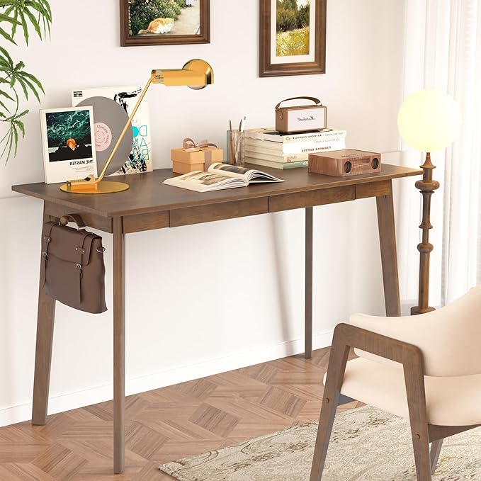 Solid Wood Desk with Drawers - 47 x 16 Inch Modern Narrow Desks, Rubber Wood Study Table, Small Writing Desk for Small Spaces|Bedroom - Black Desks