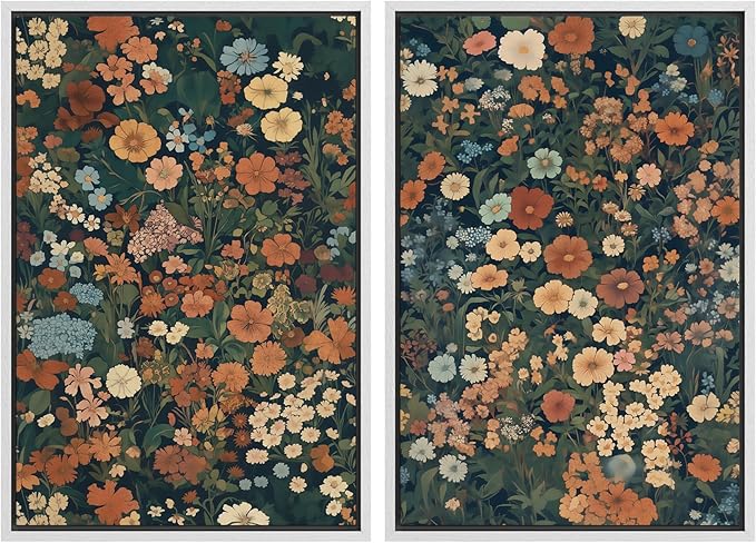 MUDECOR Framed Canvas Print Wall Art Vintage Floral Botanical Colorful Wildflowers Illustrations Modern Art Decorative Bohemian Colorful for Living Room, Bedroom, Office - 24"x36"x2 White