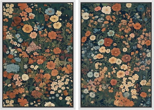MUDECOR Framed Canvas Print Wall Art Vintage Floral Botanical Colorful Wildflowers Illustrations Modern Art Decorative Bohemian Colorful for Living Room, Bedroom, Office - 16"x24"x2 White