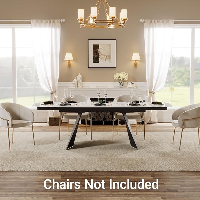 Expandable Dining Table with Leaf, 65"-95" Rectangular Sintered Stone, Marble-Look Top, Seats 6-12, Metal Base, Easy-Clean, Heat & Scratch Resistant, Dining Room/Kitchen Table for Family Gatherings