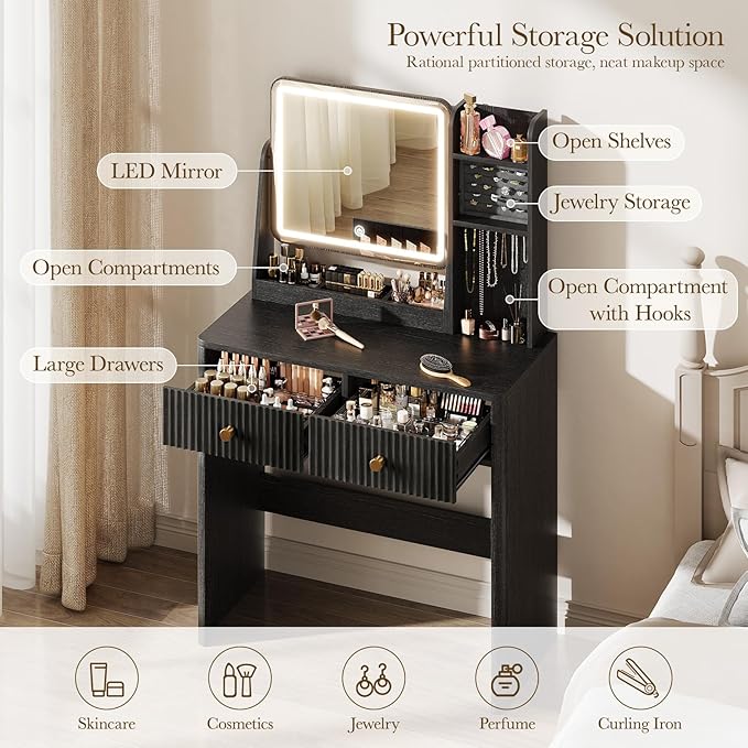 Fluted Vanity Desk with Mirror and Lights, Small Makeup Vanity with 2 Drawers and Jewelry Storage Cabinet, 3 Lighting Modes Adjustable Brightness, Dressing Table for Bedroom - Black