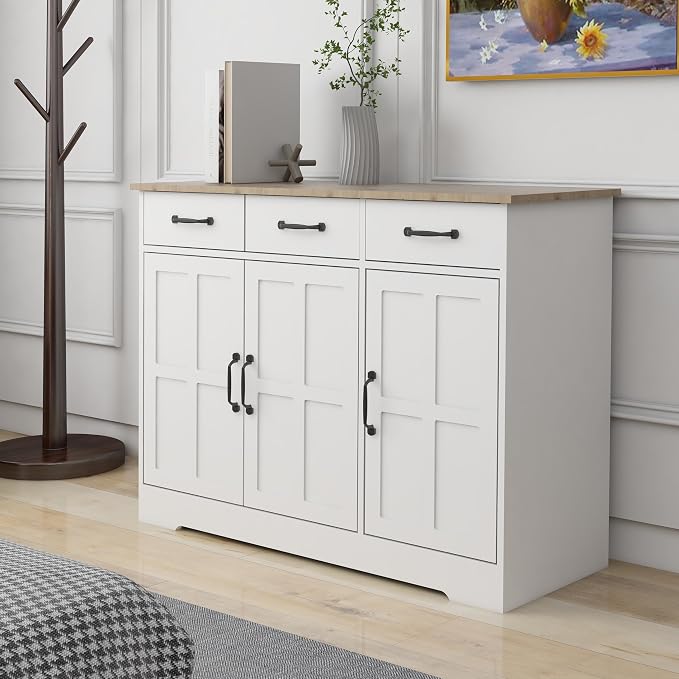 RASOO Sideboard Buffet Cabinet White Field Door Panel Kitchen Side Board Cabinet with Storage 3 Doors and 3 Drawers for Living Room, Kitchen (Grid Doors)