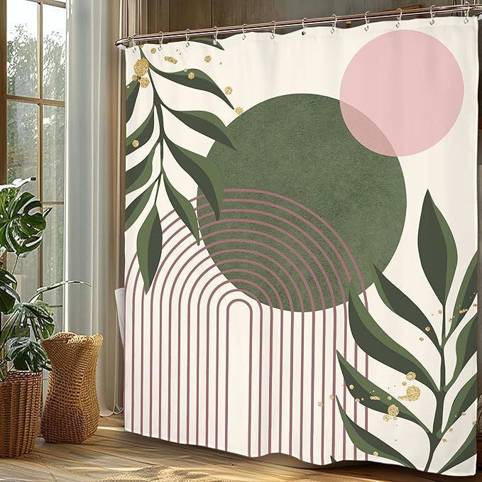 Miyotaa Abstract Minimalist Sage Green Pink Shower Curtain Set 60Wx71H Inches Aesthetic Modern Geometric Neutral Contemporary Plant Leaves Polyester Waterproof Bathroom Curtain with 12 Hooks