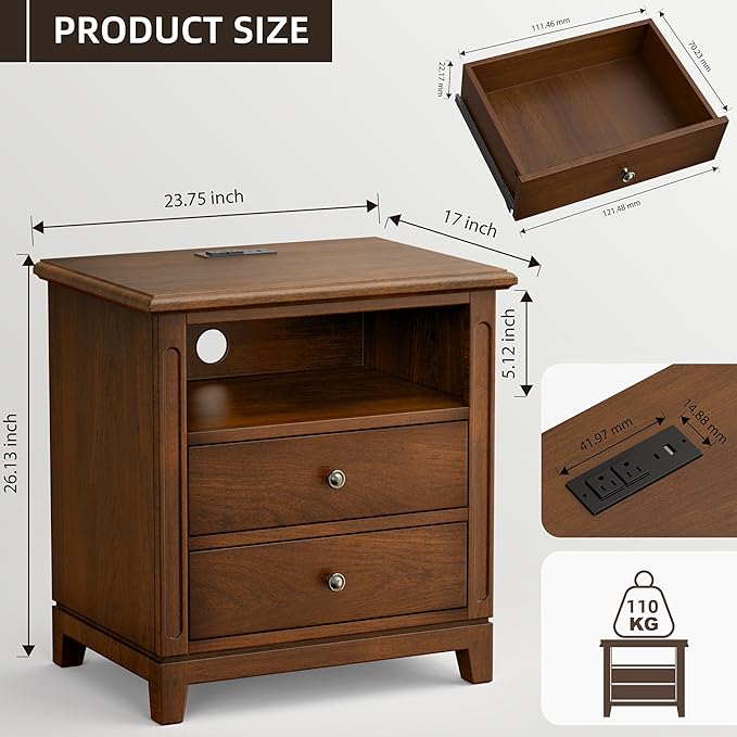Farmhouse Nightstand with Charging Station, Solid Wood End Table with 2 Large Drawers & Open Shelf, Bedside Table with USB Ports and Outlets, Rustic Wood for Bedroom