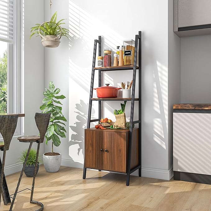 Tangkula 4-Tier Ladder Shelf with Cabinet, 63” Tall Bookshelf, Industrial Bookcase with Metal Frame, Floor Display Shelf Storage Rack for Living Room Study Home Office (2, Rustic Brown)