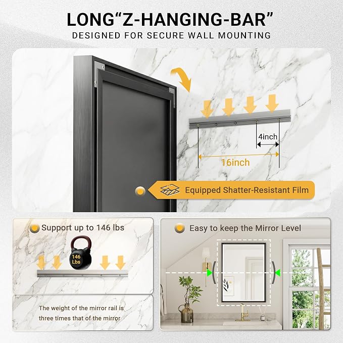 48 x 36 Black Framed Mirror for Bathroom, Beveled Black Bathroom Vanity Mirror Anti-Rust, Shatterproof Matte Black Rectangle Metal Frame Mirror, Vertical/Horizontal Large Wall-Mounted Mirrors