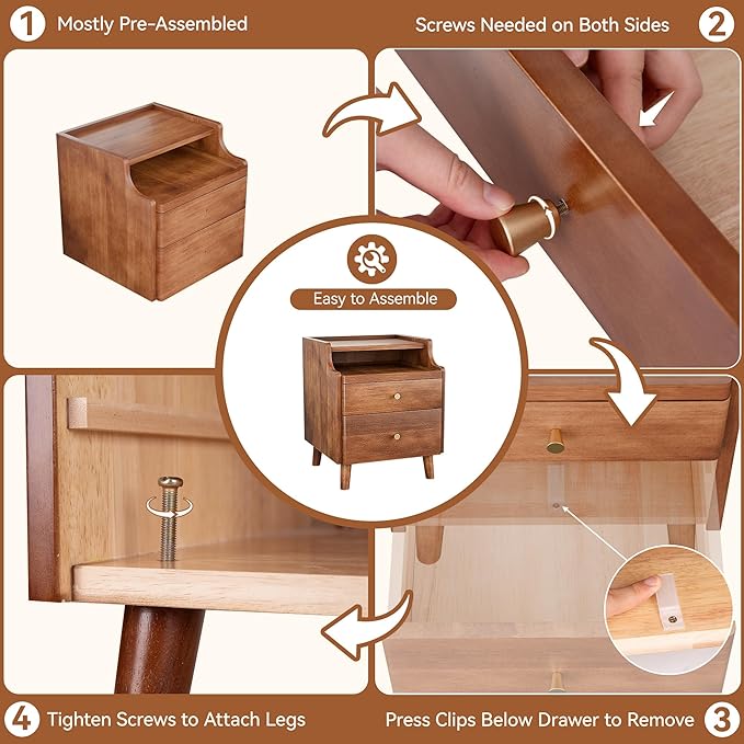 Nightstand with Drawers, Pre-Assembled, 19.7" H Natural Solid Wood Night Stand with Open Sliding Shelf, Mid Century Modern Small Bedside Table Cabinet for Bedroom, End Side Table, Walnut