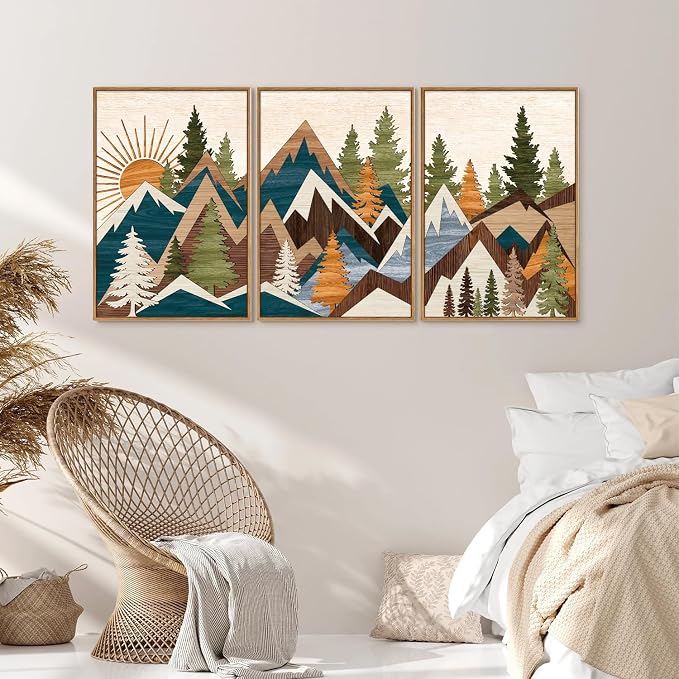 Tinonedraw Large Mountain Framed Canvas Wall Art, Boho Rustic Sunrise Forest Wall Decor, Vintage Woodsy Nature Art Painting, Modern Wilderness Trees Art Print for Living Room Bedroom Office 24"x36"x3