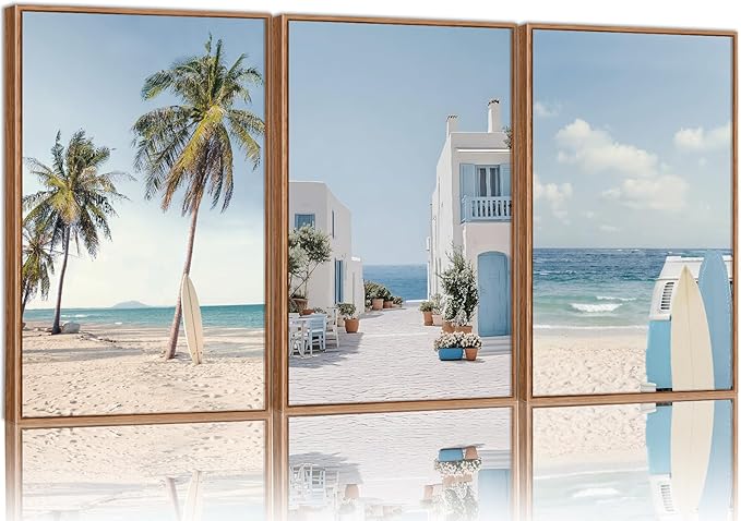 Rantodecor Beach Themed Framed Canvas Wall Art, Palm Tree Surfboard Van Wall Decor, Nordic Blue and White House Art Painting, Modern Relaxing Seascape Artwork for Bedroom Living Room Office 16"x24"x3