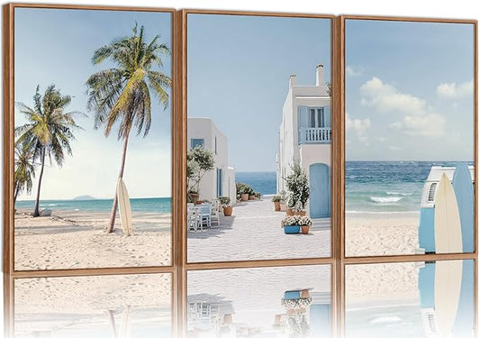 Rantodecor Beach Themed Framed Canvas Wall Art, Palm Tree Surfboard Van Wall Decor, Nordic Blue and White House Art Painting, Modern Relaxing Seascape Artwork for Bedroom Living Room Office 16"x24"x3