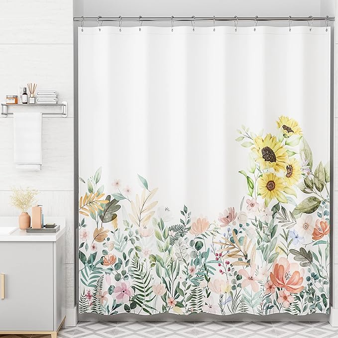 AmazerBath Floral Shower Curtain, Cloth Fall Flower Shower Curtains for Bathroom Decor, Rustic Washable Sunflower Eucalyptus and Leaves Fabric Shower Curtain Sets with 12 Metal Hooks, 72x72 Inches
