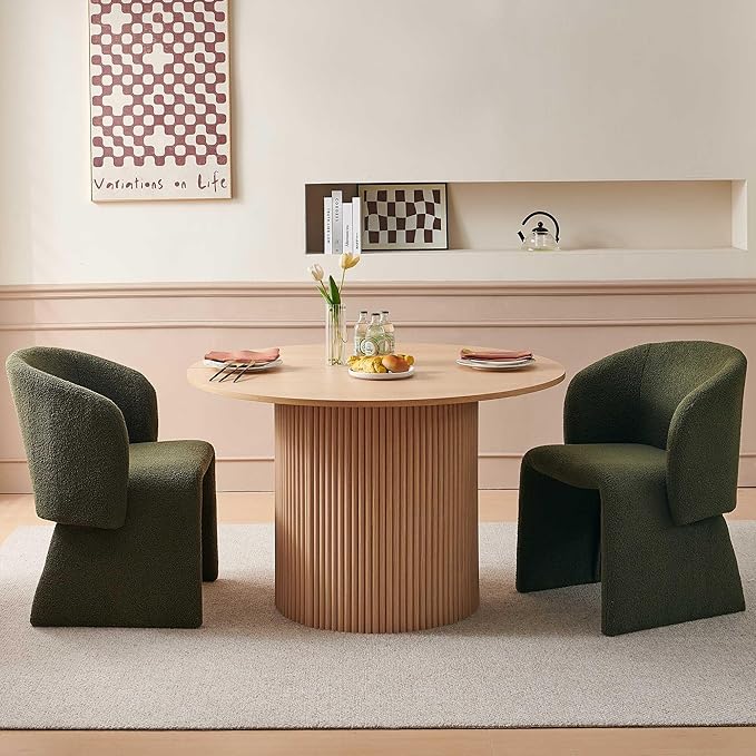 NORDICANA 3-Piece Round Dining Table Set for 2, Rustic 47-Inch Kitchen Table and Chair Set, Dining Set with Dark Green Upholstered Armchairs, Manufactured Wood Top with Oak Veneer