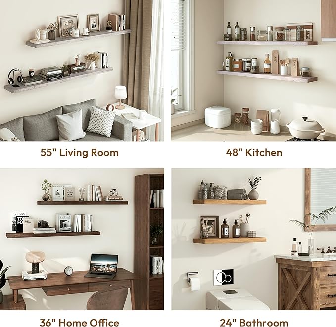 Vivelove Elm Wood Floating Shelves, Wooden Shelves for Wall with Invisible Bracket for Living Room Bedroom Bathroom Office Book, Rustic Farmhouse Display Shelf, 48 Inch Set of 1- Natural